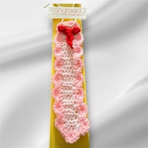 Handmade Crochet Scalloped Bookmark - Pink & White with Red Bow Detail